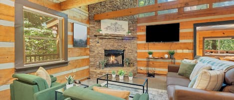 平面電視、壁爐、DVD 播放機