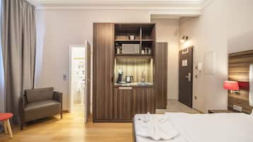 Mini-fridge, microwave, espresso maker, coffee/tea maker