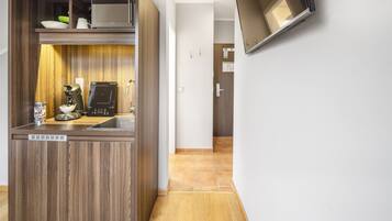 Mini-fridge, microwave, espresso maker, coffee/tea maker