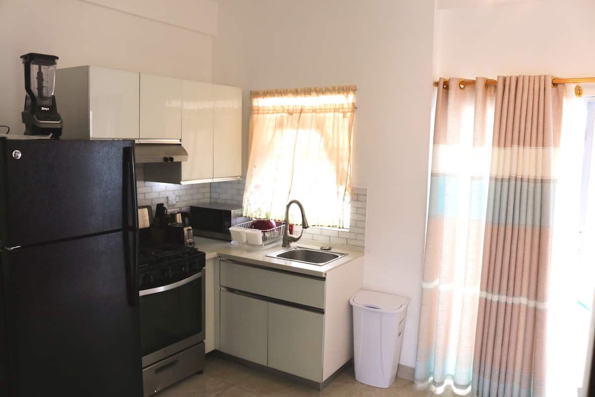 Deluxe Apartment, 1 Bedroom, Courtyard View, Courtyard Area | Private kitchen | Full-size fridge, microwave, oven, stovetop