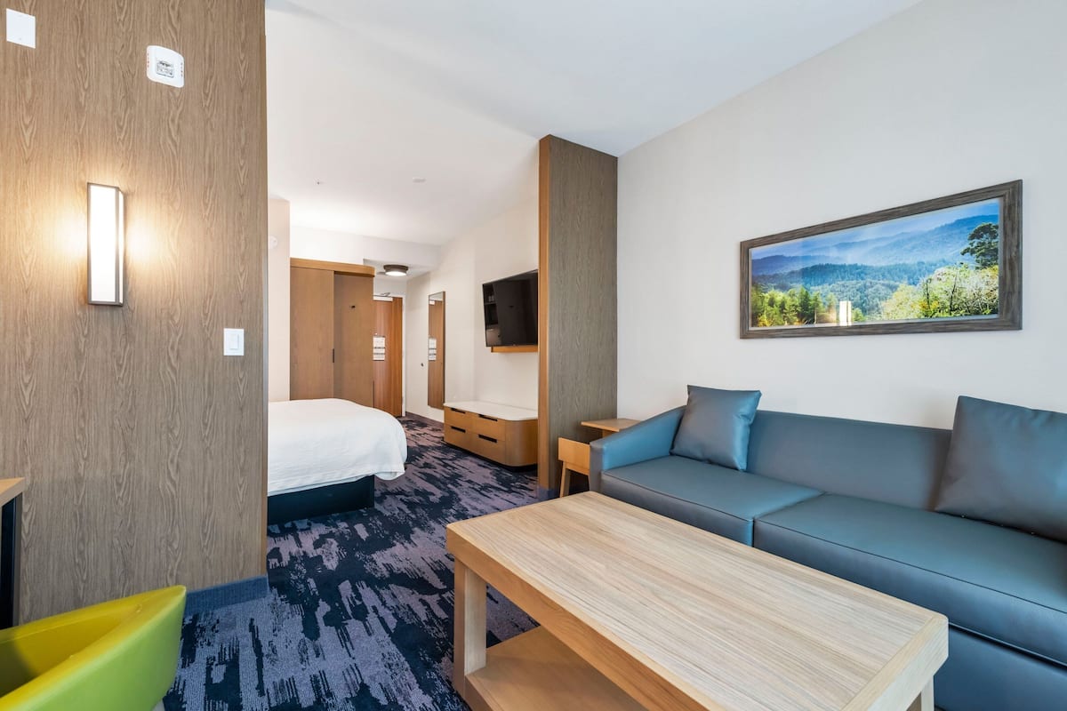 Una habitación de hotel moderna con cama, sofá, mesa de centro y un cuadro de un paisaje.