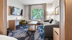 Habitación de hotel con escritorio, sofá, televisión, ventana con vista a árboles y una lámpara.