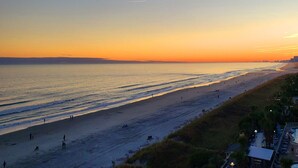 A beach with a long stretch of sand, a few people, and a distant city skyline.