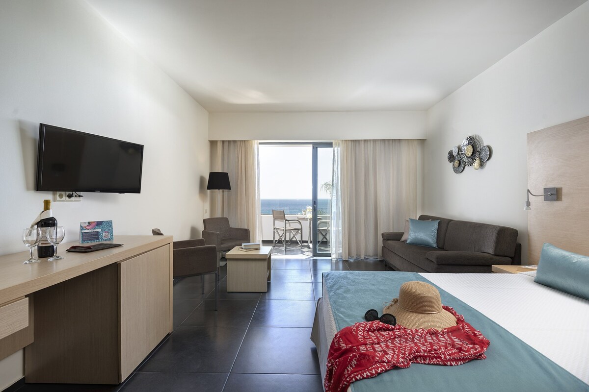 A hotel room with a bed, a desk, a TV, a sofa, and a balcony with a view.