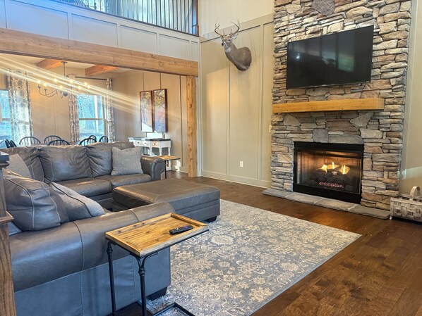 Smart TV, fireplace, books