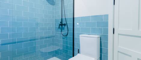 A bathroom with a glass shower enclosure, a white toilet, and blue-tiled walls.