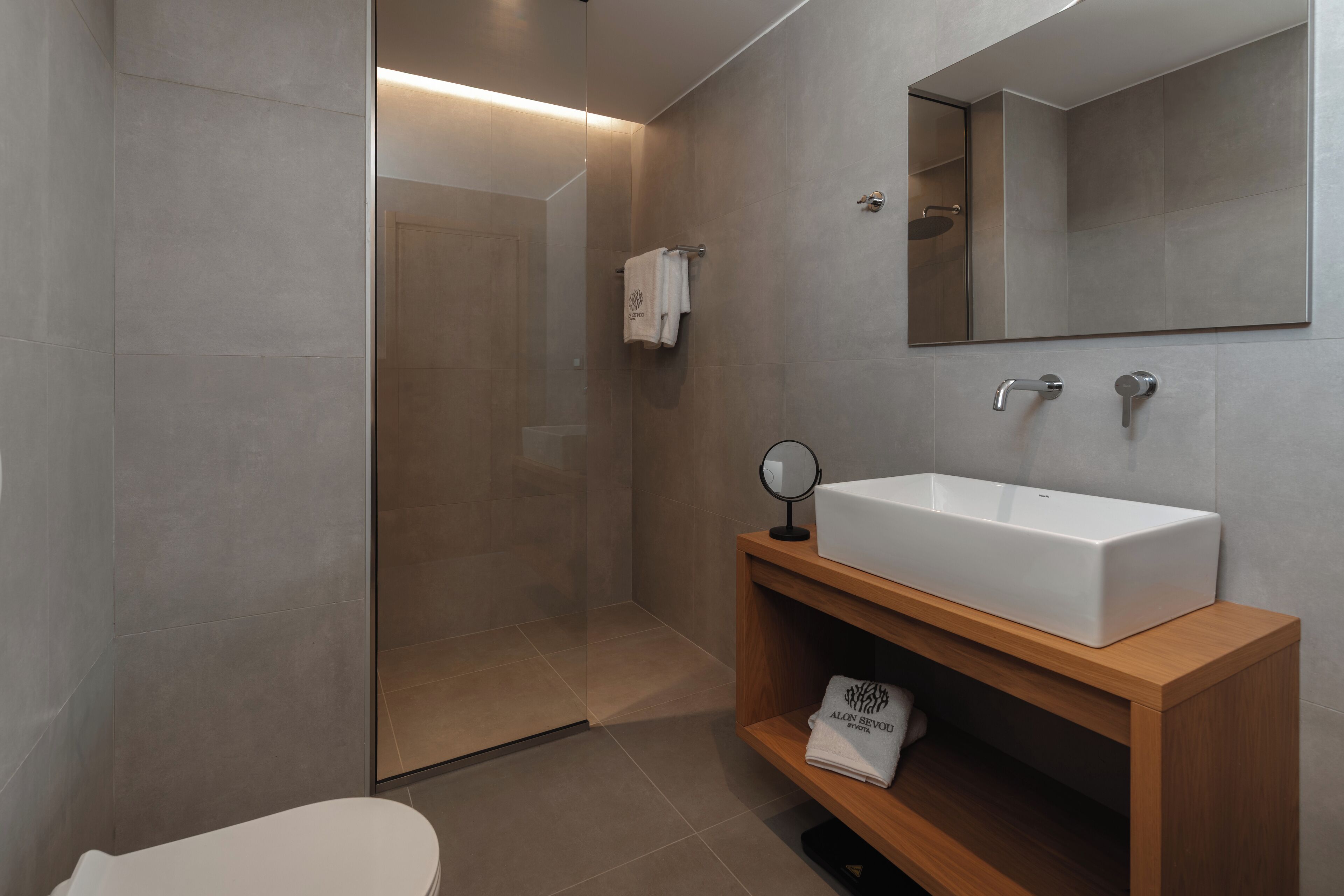 Une salle de bain moderne avec un grand lavabo blanc, un meuble-lavabo en bois, une douche à parois de verre et des toilettes.