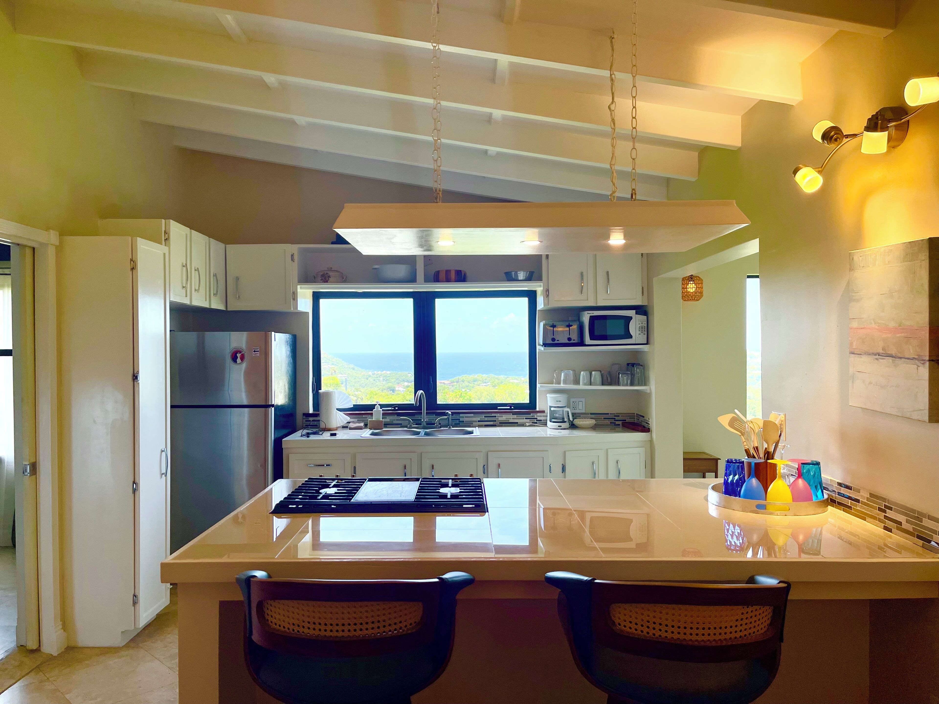 Full-size fridge, microwave, oven, stovetop
