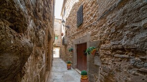 A narrow stone alleyway with rustic buildings, a wooden door, and potted plants.