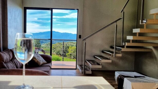 A modern living room with a leather sofa, a glass of wine, and a view of mountains through large windows.