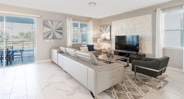 House, Multiple Beds, Private Pool, Pool View | Living room | TV - Wonderful 9Bd Pool Spa Gm Hmchampions Gate-8817cbc (Davenport)