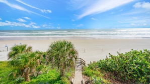 A beach with a clear sky, palm trees, and a wooden staircase leading to the beach. - Latitude Change - Luxury Oceanfront Home (daytona beach)