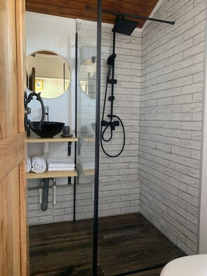 Shower, hair dryer, soap, shampoo