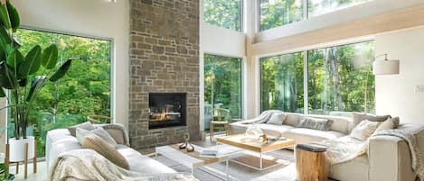 Smart TV, fireplace, DVD player, stereo