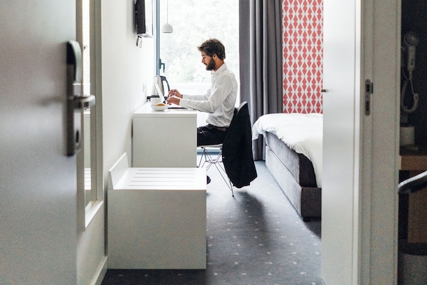 Individually decorated, desk, laptop workspace, blackout curtains