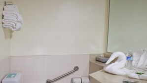 A bathroom with a toilet, a handrail, a sink, a mirror, and a towel rack.