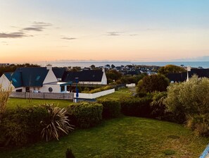 A residential area with houses, a grassy lawn, and a view of the sea.