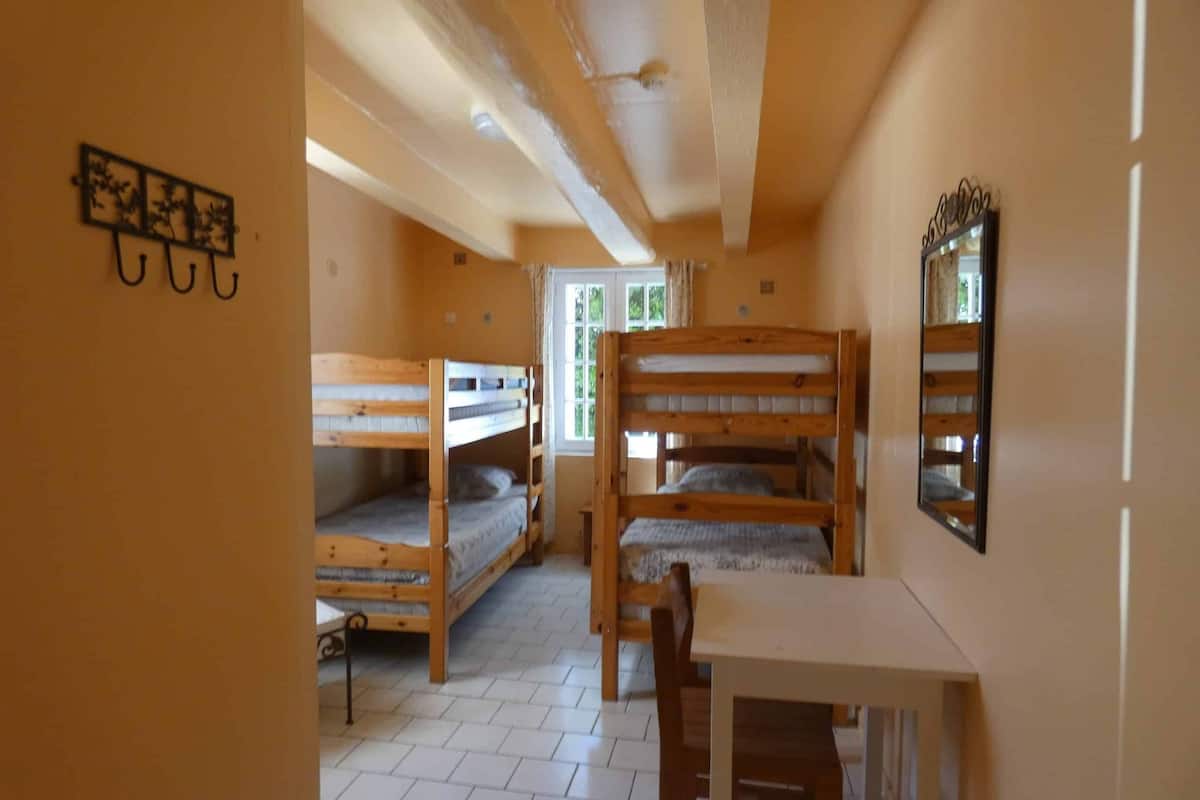 A dormitory room with bunk beds, a small table, and a mirror.