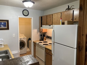 Fridge, microwave, oven, stovetop - Golden Nugget - cozy 2 bedroom condo wood fireplace -free wifi - fully equipped  (Red River)