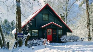 Punaisella katolla ja punaisella ovella varustettu hirsihökkelö, jonka ympärillä on lumipeitteisiä puita ja kirkas taivas.