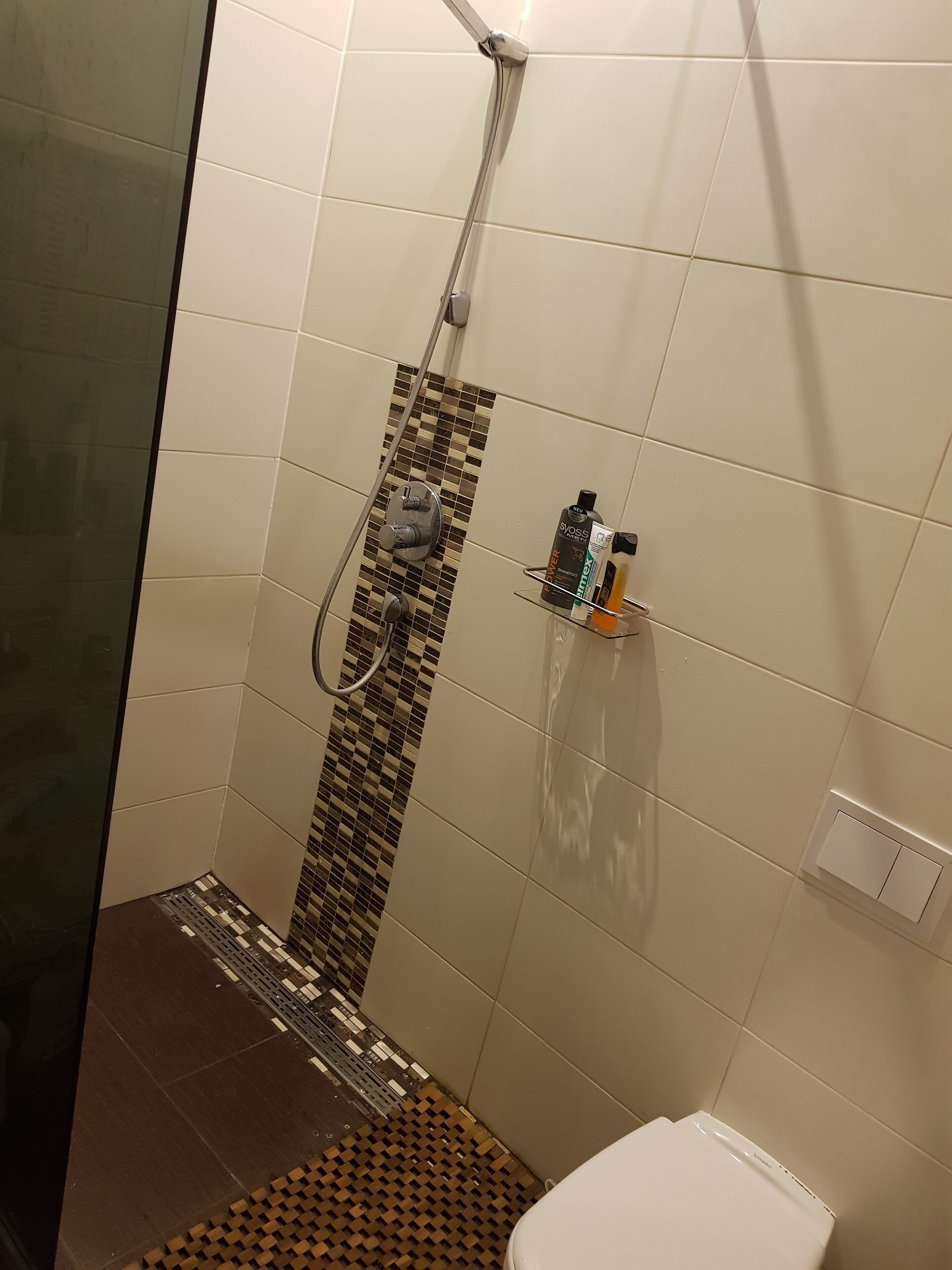 Eine Dusche mit Glastür, einer Fliesenwand und einer kleinen Ablage für Pflegeprodukte.