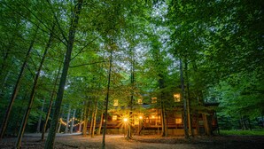 Une cabane entourée de grands arbres, dotée d’une terrasse en bois et d’un porche abrité.