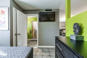 1 bedroom, desk, iron/ironing board, travel cot