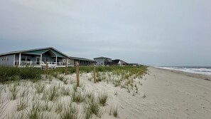 A beachfront property with multiple houses, a sandy beach, and a grassy dune area. - Oak Island Beach Front Cottage (Oak Island)