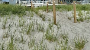Una casa de playa con un porche amplio y arena frente a ella.