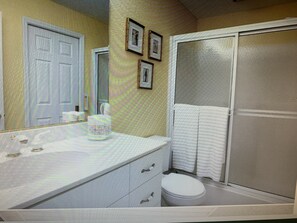 Hair dryer, towels, soap, toilet paper