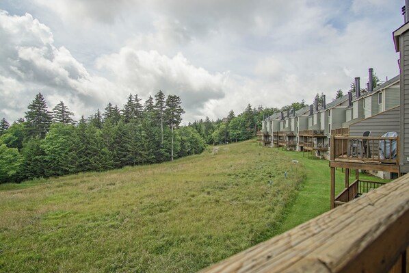 A row of wooden cabins with balconies, set in a grassy area with trees in the background.