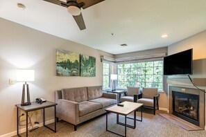 Télévision, cheminée, lecteur de DVD, chaîne hi-fi