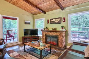 Smart TV, fireplace, video games, DVD player