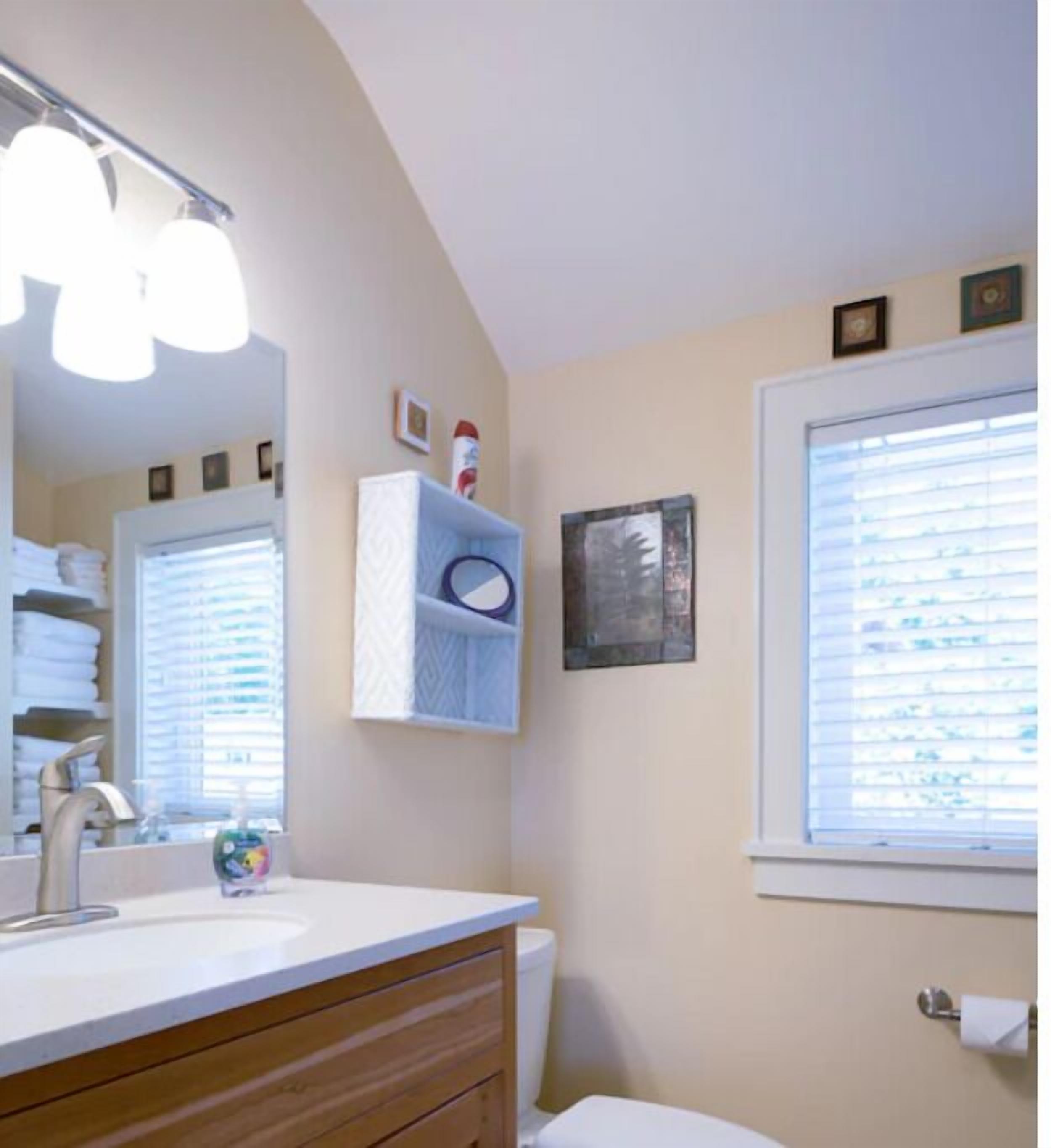 A bathroom with a vanity, a mirror, a toilet, and a window with blinds.