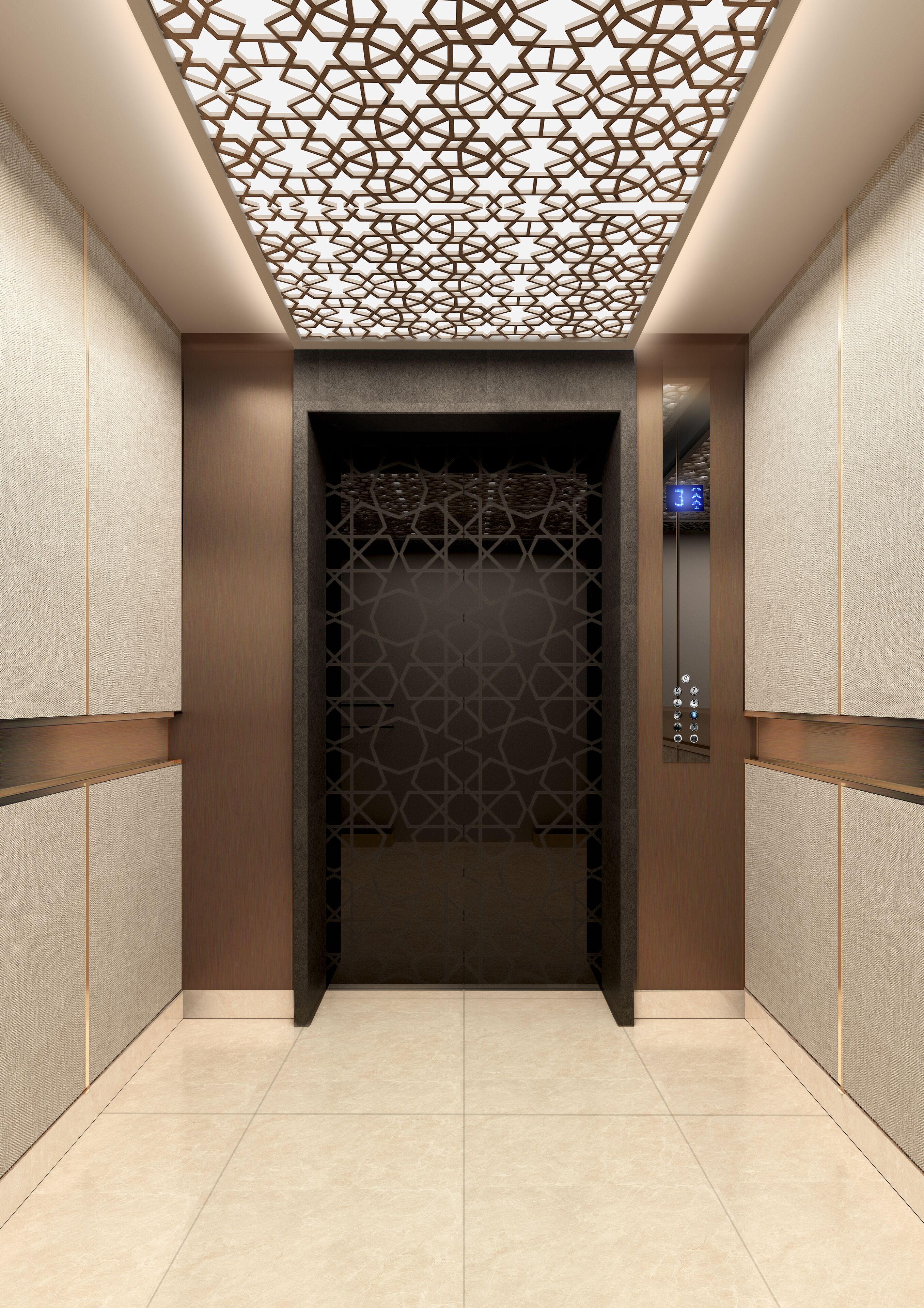An elevator with a geometric patterned ceiling and a digital display.
