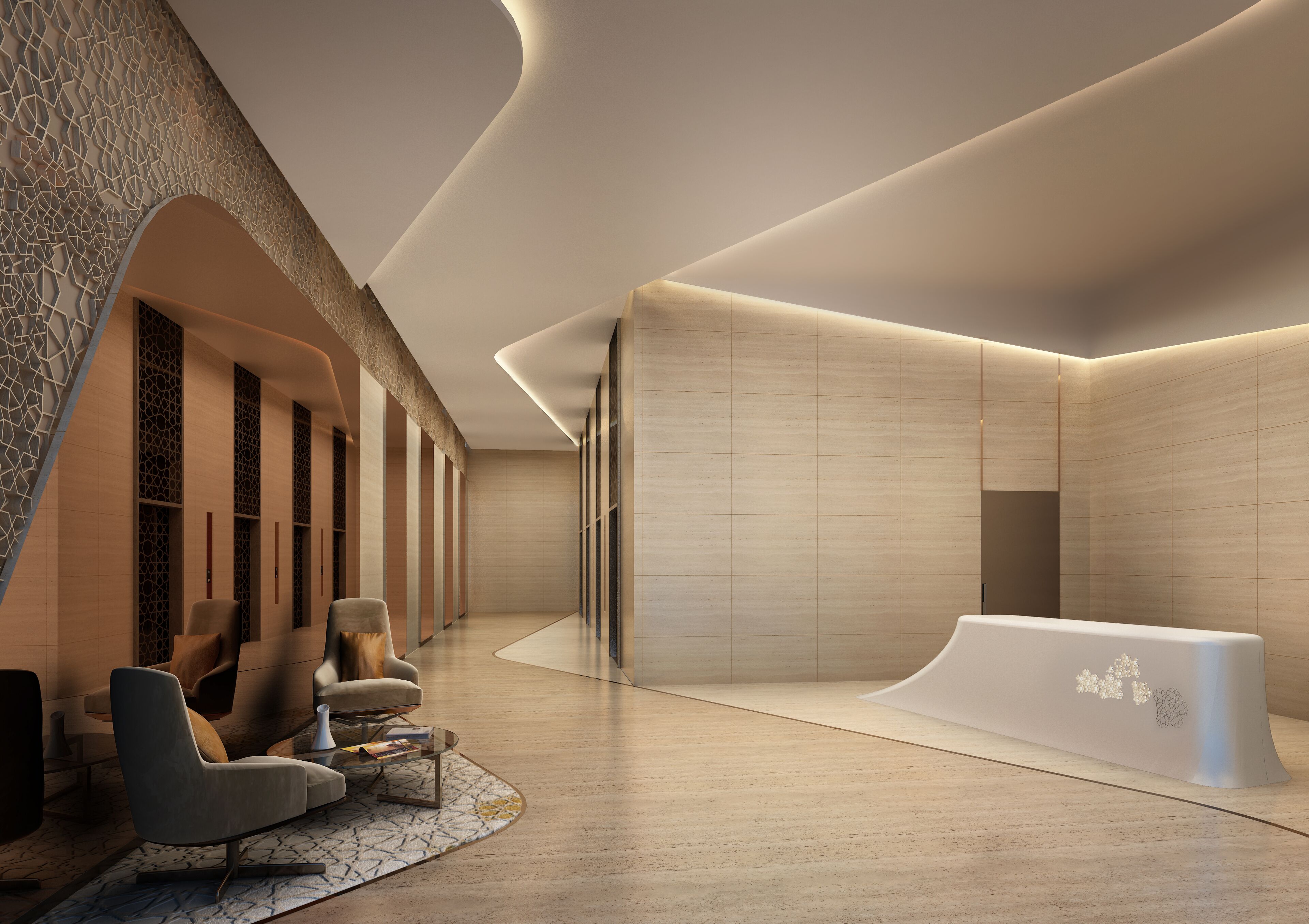 A modern lobby with a reception desk, seating area, and patterned walls.