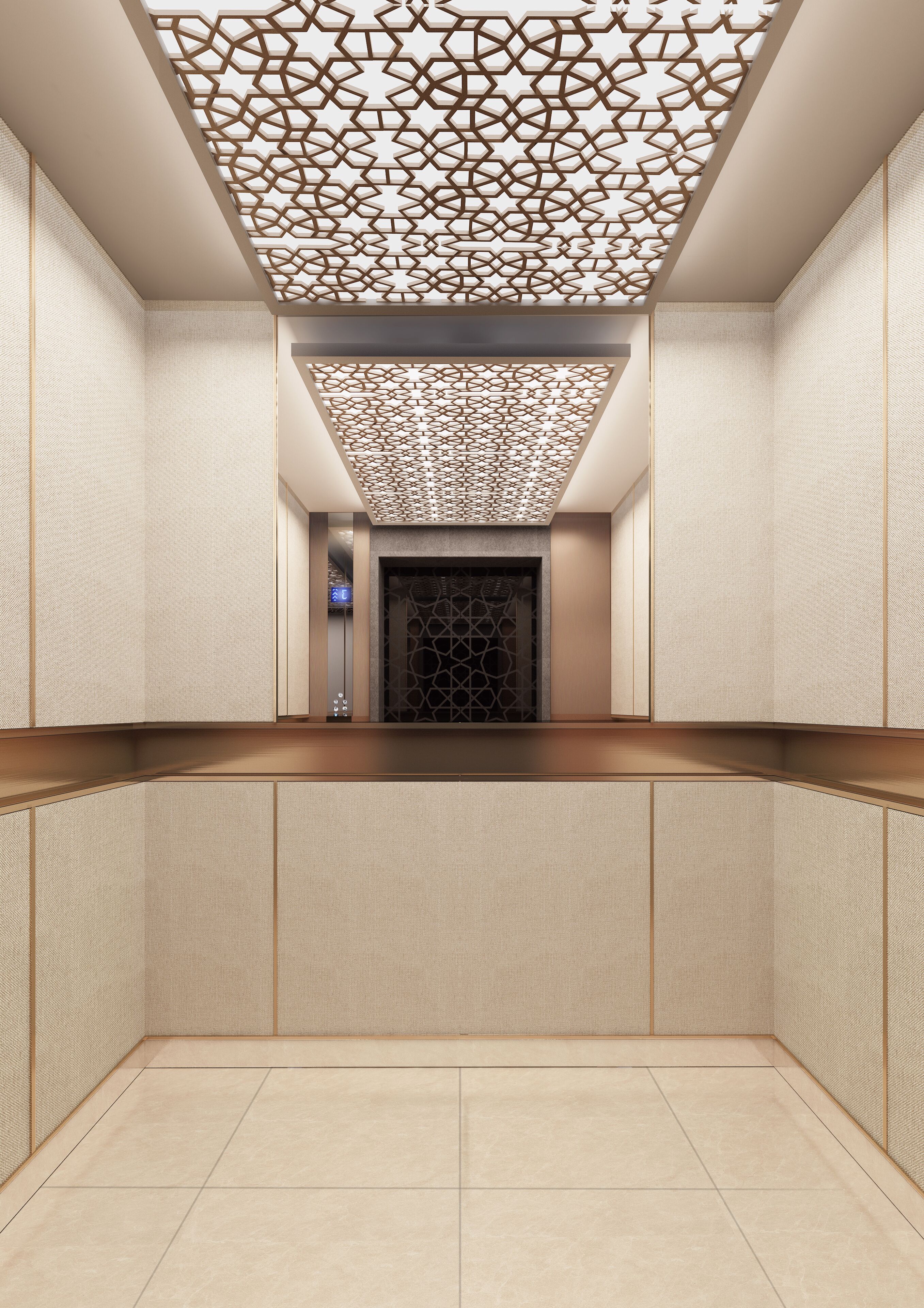Un interior moderno con un diseño geométrico en el techo, iluminación empotrada y vista a un pasillo.
