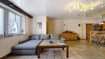 Una televisión, una chimenea, una mesa de tenis de mesa