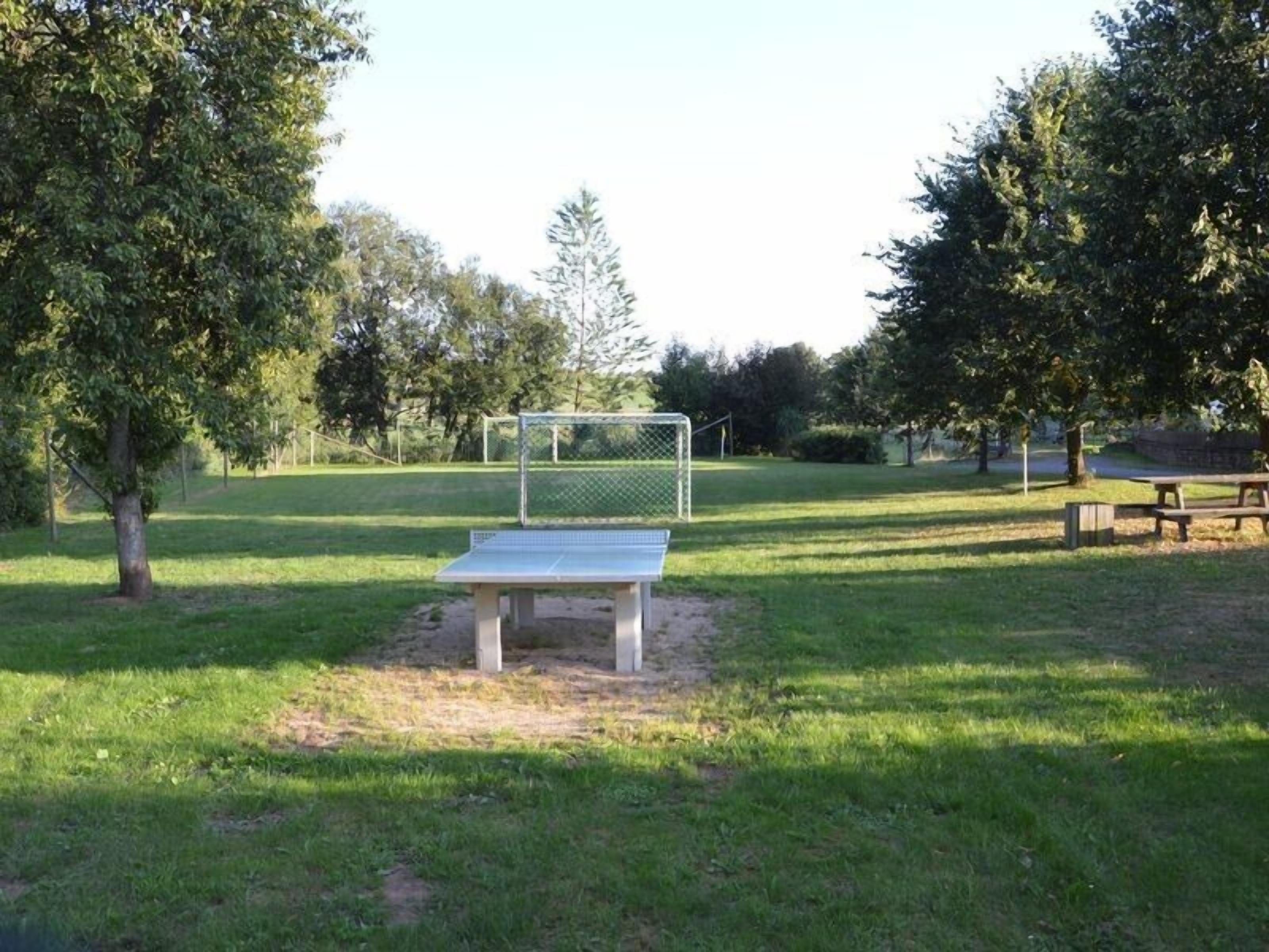 Ein Park mit einem Fußballtor, einer Bank und Bäumen.