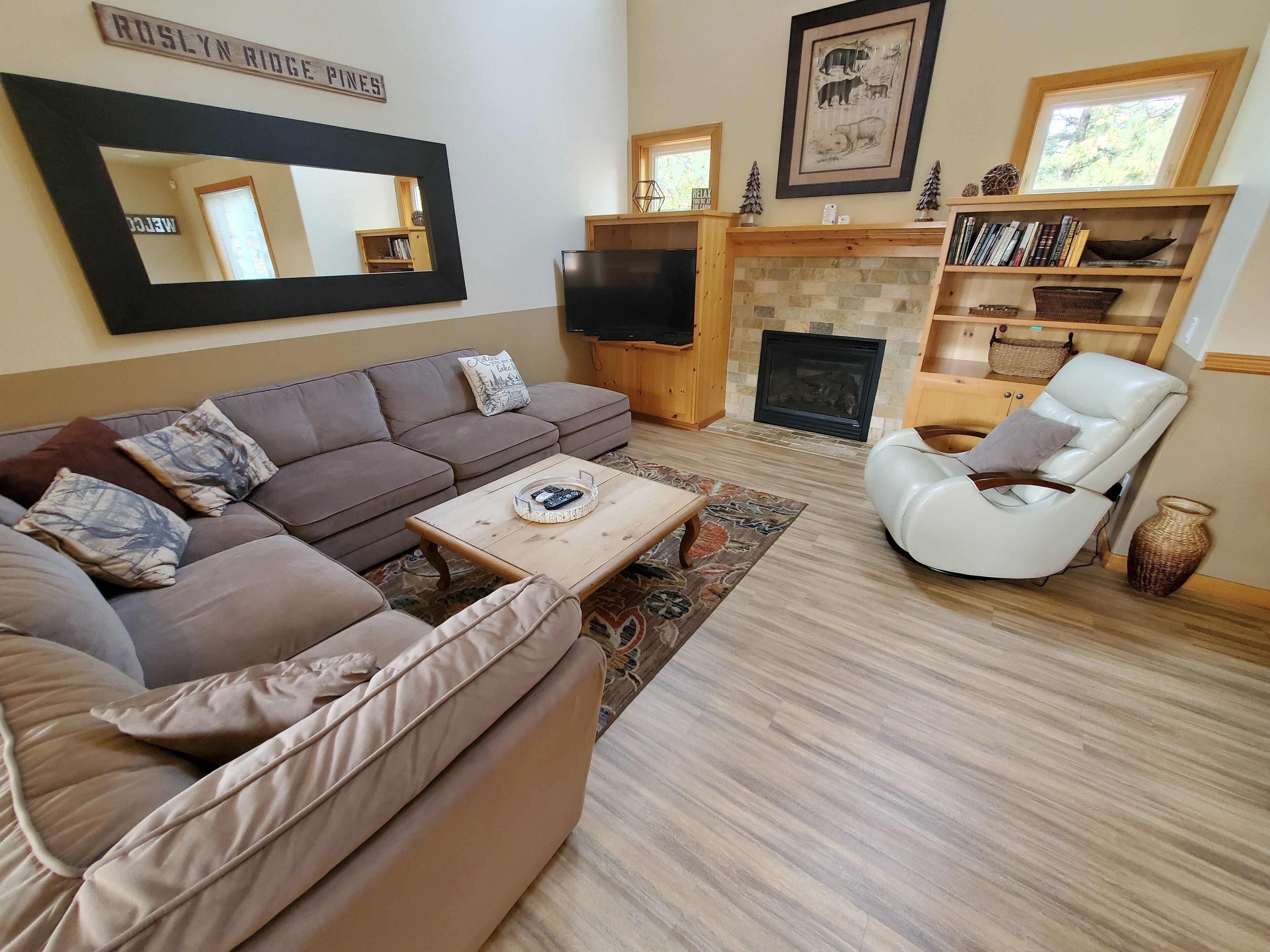 Smart TV, fireplace, DVD player, books