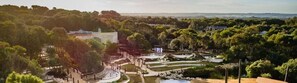 Stroll through the beautifully landscaped garden, featuring a variety of trees and shrubs, a lush lawn, and winding pathways.