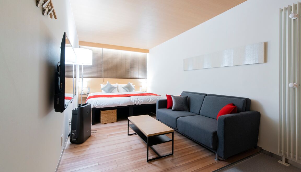 Una habitación de hotel moderna con cama, sofá, mesa de centro, televisor y radiador.