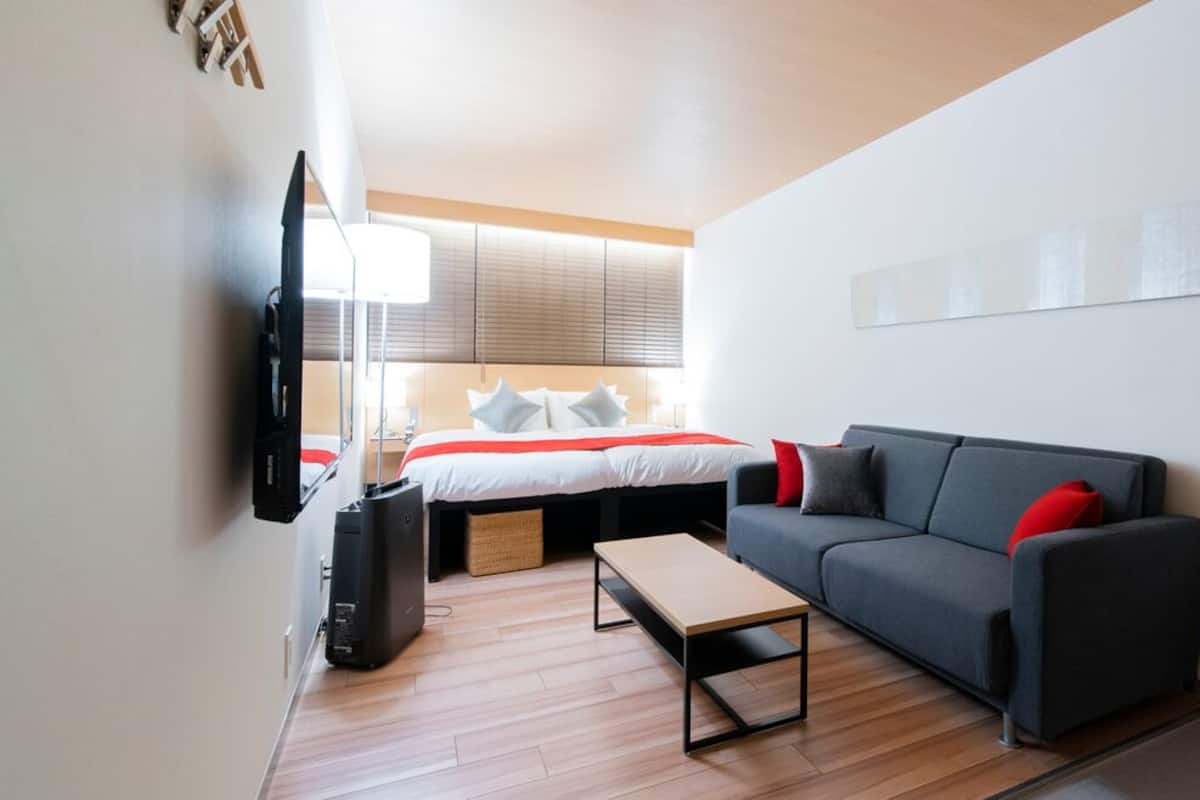 Une chambre d’hôtel moderne équipée d’un lit, d’un canapé, d’une table basse, d’une télévision et d’un radiateur.