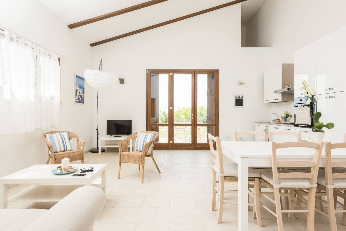 Un vaste espace de vie comprenant une table à manger, des chaises en osier, un canapé et un téléviseur.
