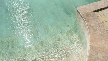 Seasonal outdoor pool, pool umbrellas, pool loungers