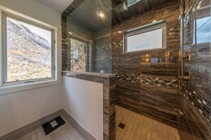Combined shower/bathtub, hair dryer, towels, soap