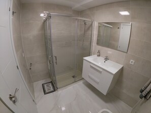 Shower, hair dryer, bidet, towels
