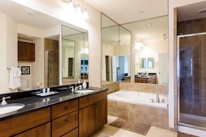 Shower, hair dryer, towels, soap - Sweeping Views of Lake Travis, Luxury Resort Amenities with 3 Pools, Hot Tub and Fitness Center (Lago Vista)