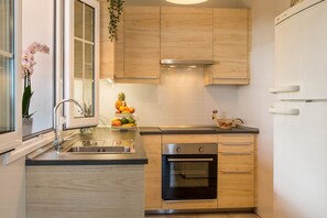 Frigorífico, microondas, horno y placa de cocina