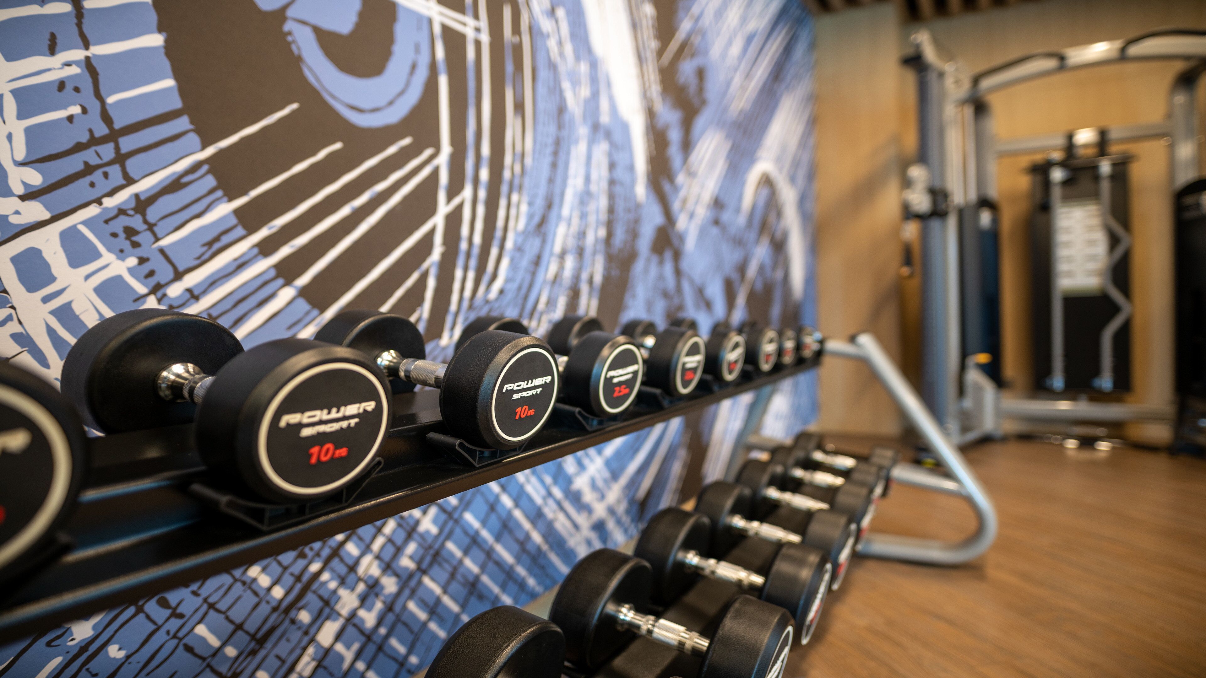 A row of dumbbells on a rack with weight markings, a wall with a graphic design, and gym equipment in the background.